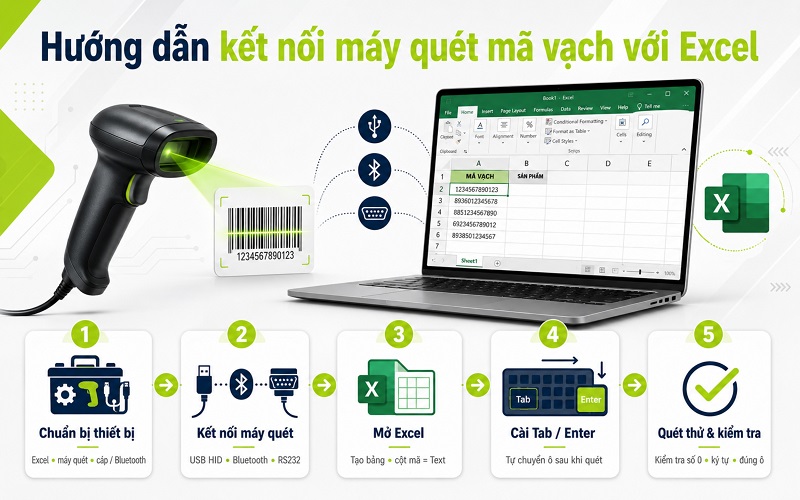 Hướng dẫn kết nối máy quét mã vạch với Excel